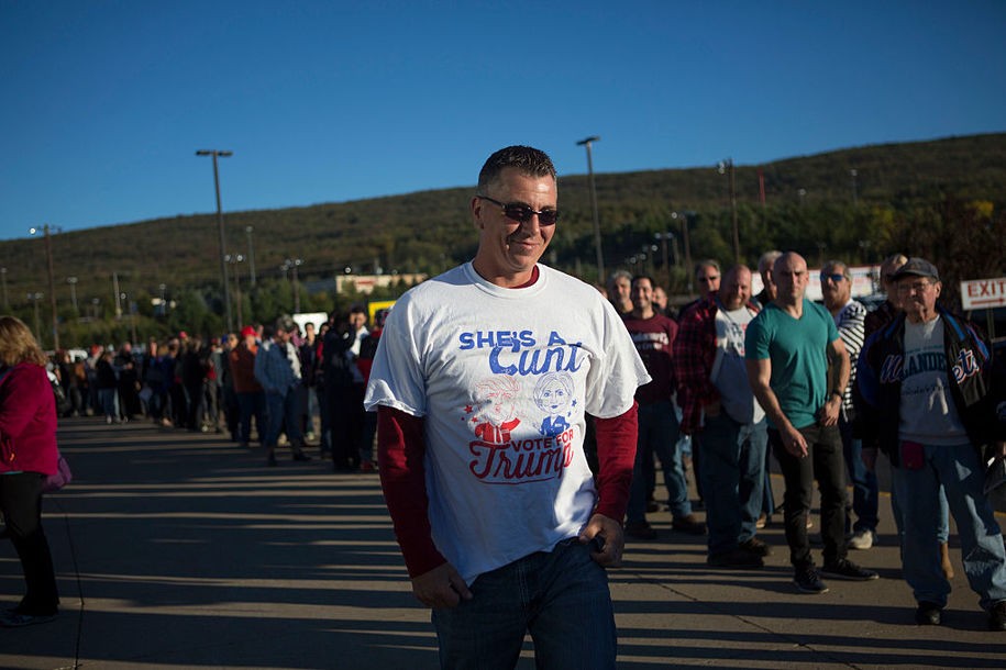 WILKES-BARRE, PA - OCTOBER 10: Supporters line up outside for a campaign rally for Republican presidential nominee Donald Trump on October 10, 2016 in Wilkes-Barre, Pennsylvania. Trump continues his campaign following a town hall style debate against the Democratic nominee Hillary Clinton at Washington University in St. Louis last night. (Photo by Jessica Kourkounis/Getty Images)