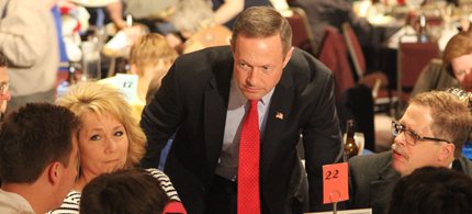 Likely presidential candidate Martin O'Malley listens to the concerns of Scott County Democrats in Davenport, Iowa. (photo: Scott Galindez/RSN)